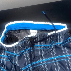Black Speedo Swimtrunk with blue and white stripes.
